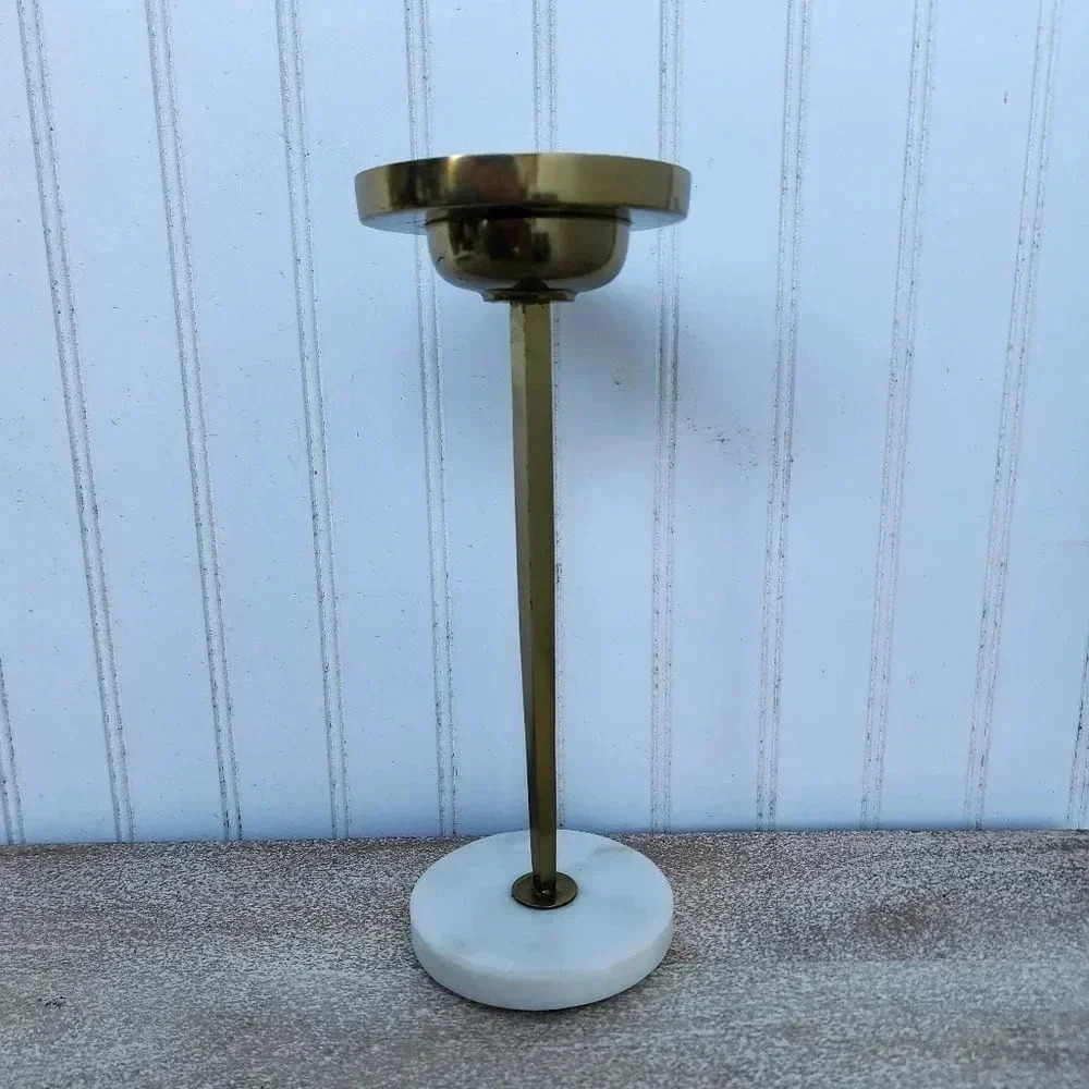 11" Brass Gold Candle Holder With Marble Base Single Decor Tabletop R12